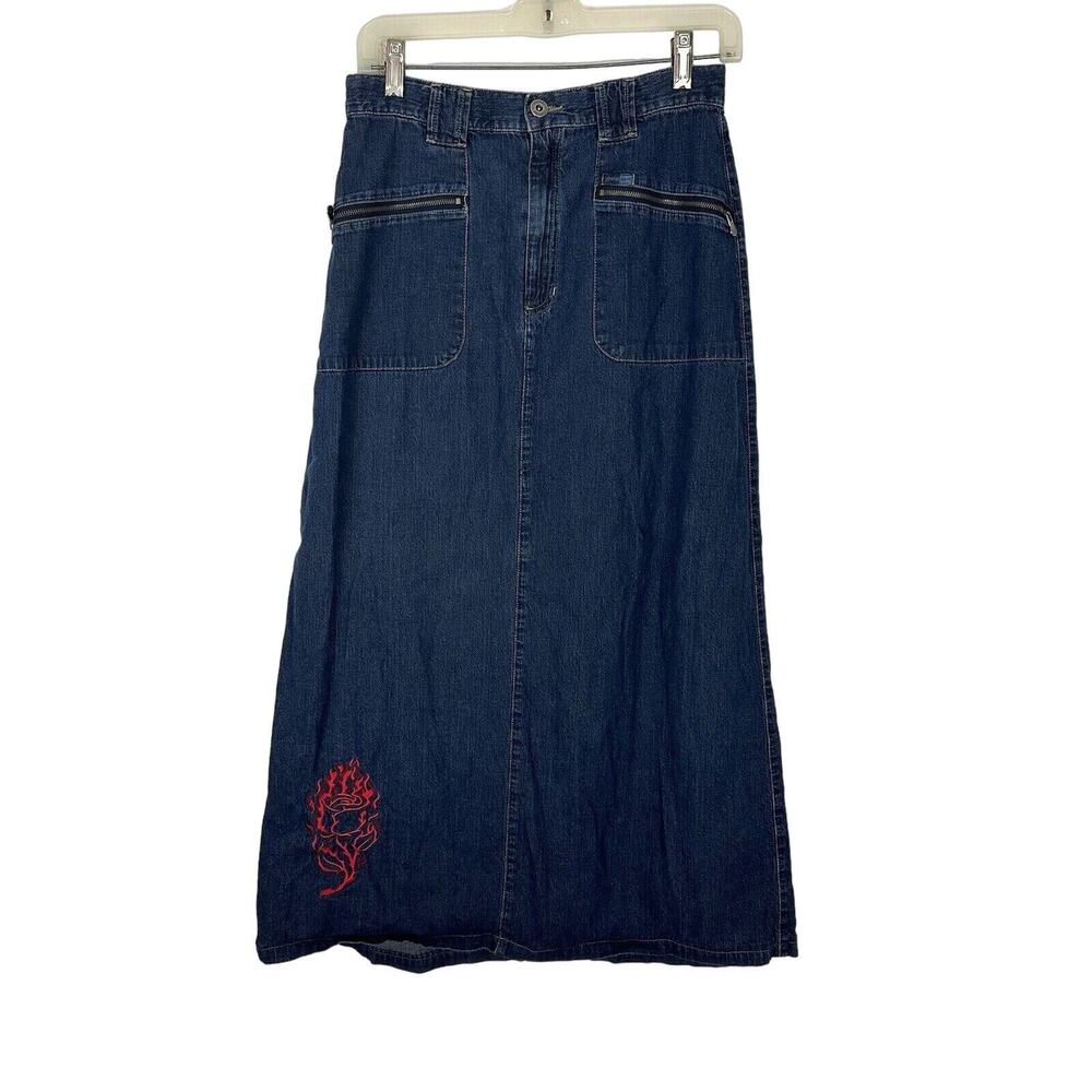 Liz Claiborne Dark Blue Denim Maxi Skirt with Red Embroidered Accent
